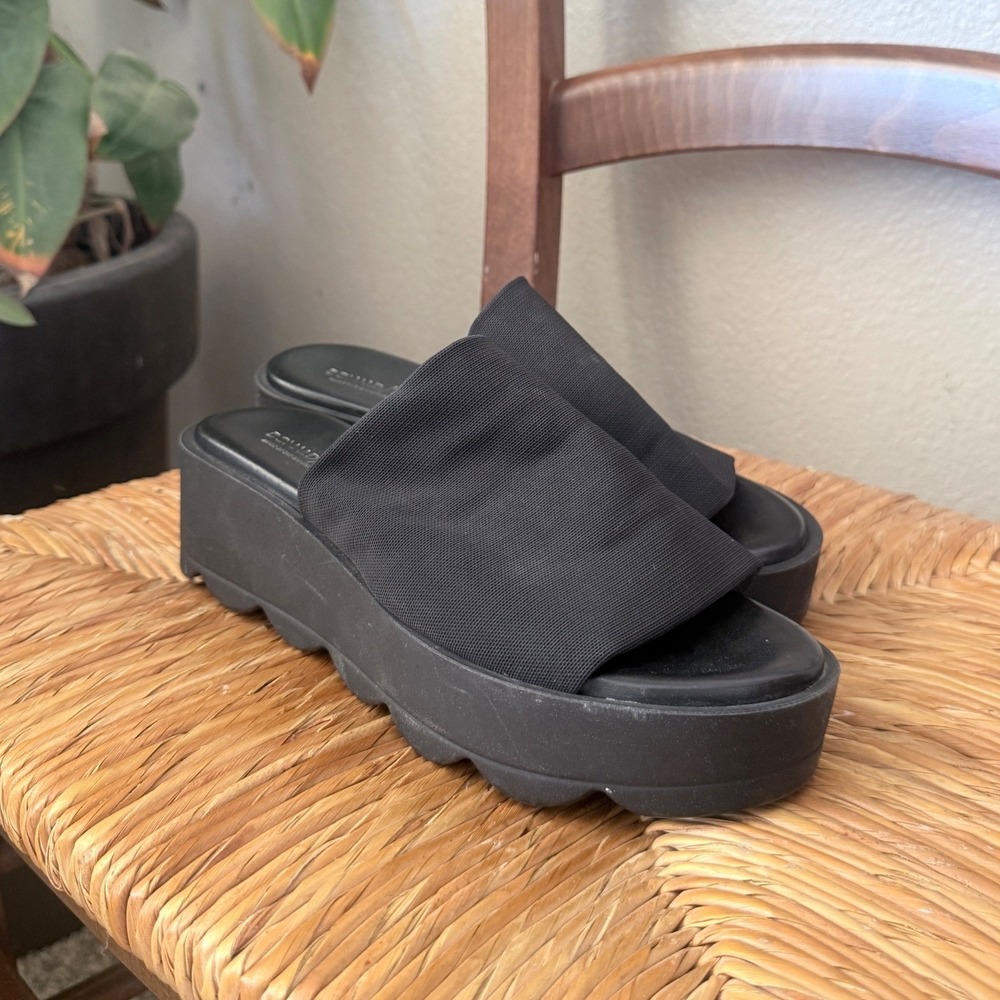 Donald Pliner Black Stretch Fabric Platform Slide Sandals Scalloped Sole Italy
